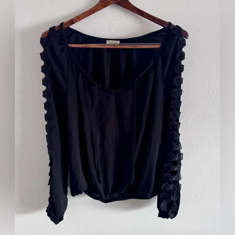 Lily White Semi-Sheer Blouse Black Open Bow Sleeve Whimsy Goth Size Medium Witch
